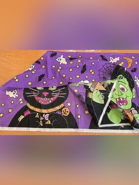 Vintage Halloween Fabric Glow In The Dark 60x80 Frankenstein Black Cat Purple
